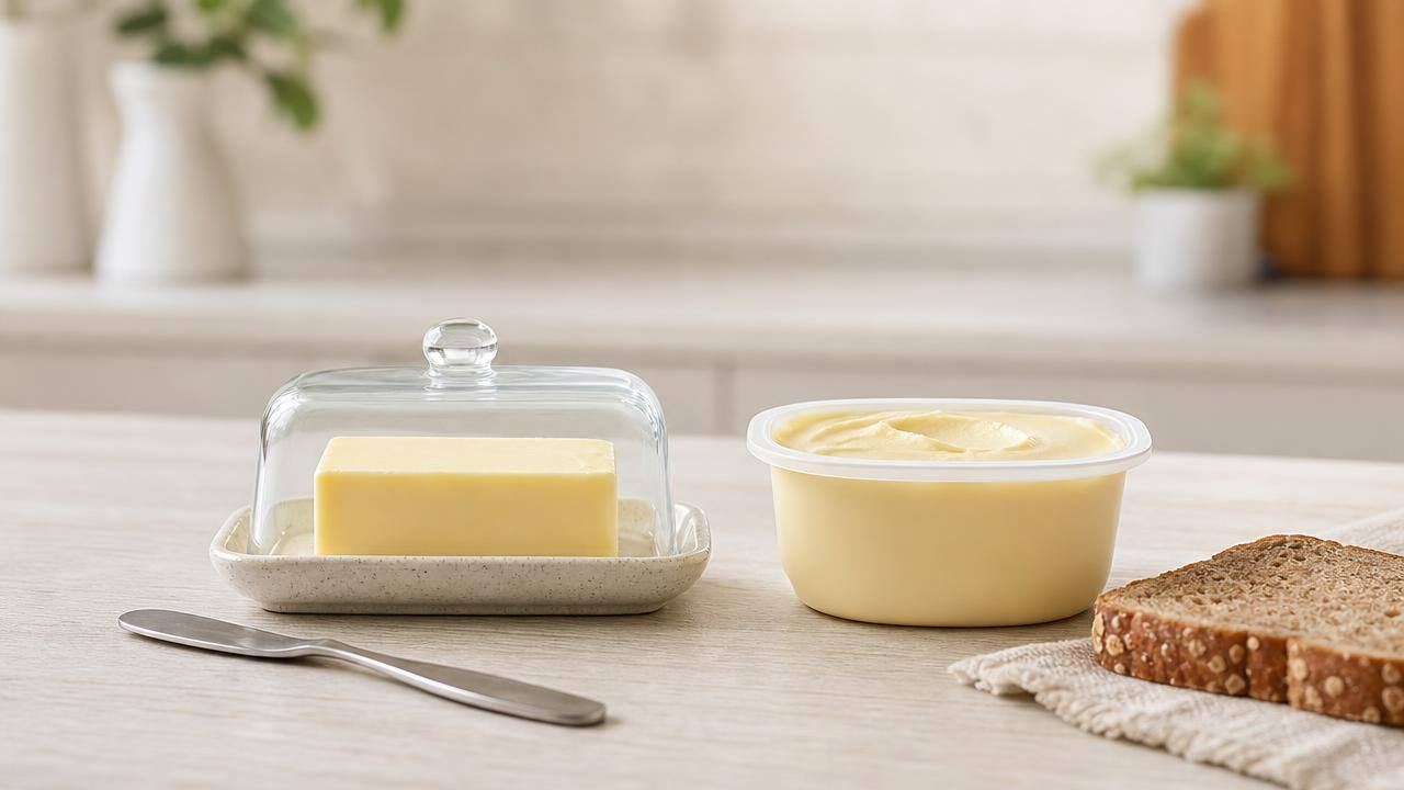 Manteiga e margarina em pequenas porções sobre uma mesa clara, com rótulos nutricionais ao fundo