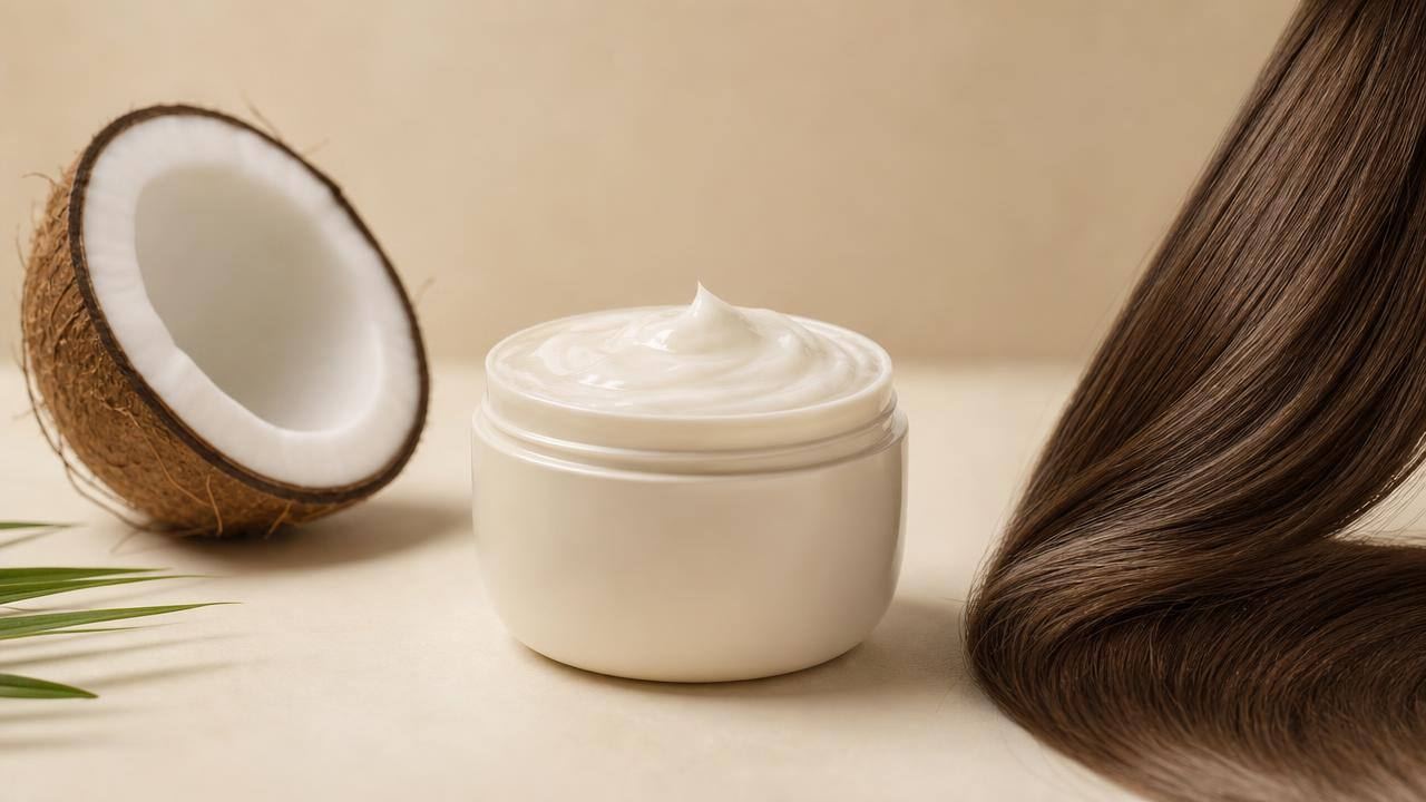 Pote de máscara capilar com óleo de coco e mechas de cabelo saudáveis em composição limpa