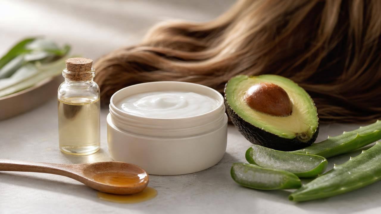 Pote de máscara capilar, óleo de coco e ingredientes simples sobre bancada clara, em composição editorial
