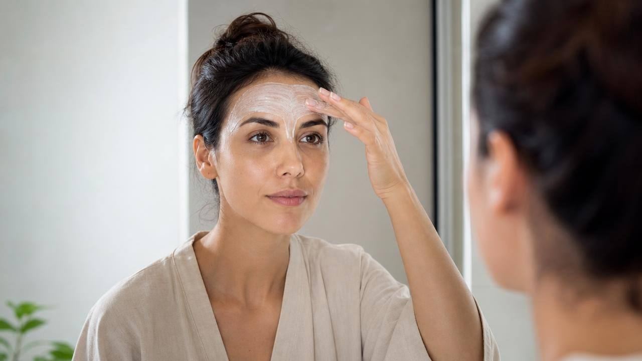 Pessoa aplicando uma máscara facial cremosa na região entre as sobrancelhas em ambiente claro e organizado