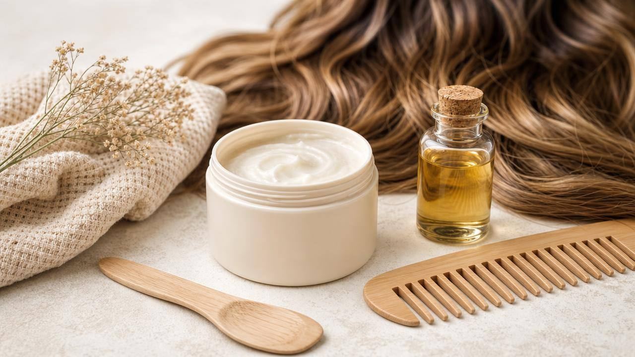 Pote de máscara capilar, óleo vegetal e pente de dentes largos sobre bancada clara