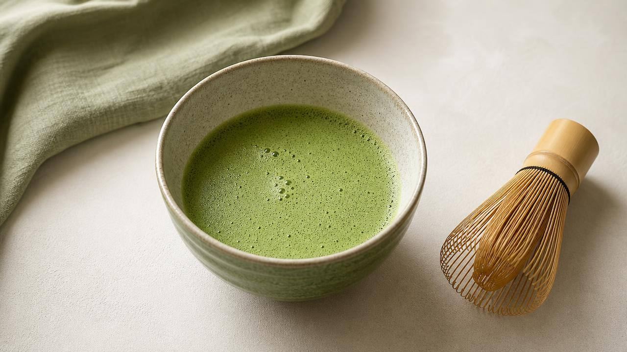 Tigela de matcha verde com batedor de bambu sobre mesa clara, em composição minimalista