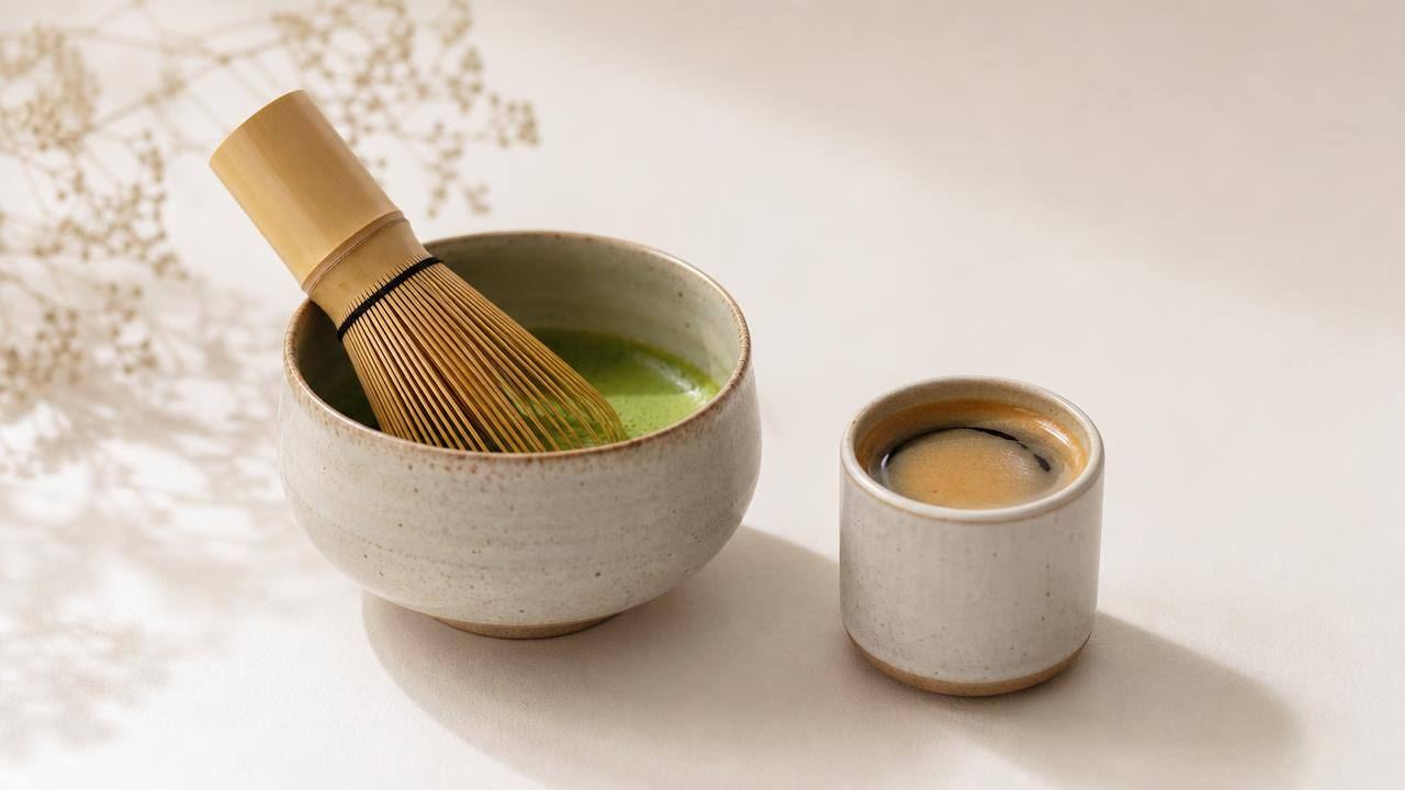 Tigela de matcha com batedor de bambu e uma xícara de café ao lado sobre mesa clara