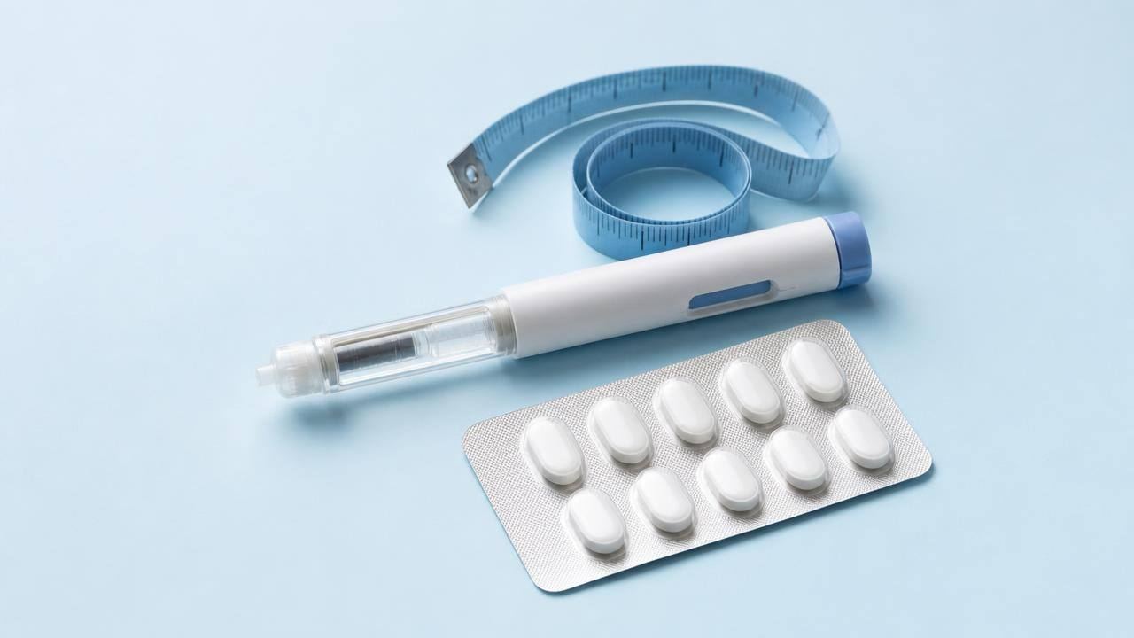 Canetas injetáveis e comprimidos sobre uma mesa clara, representando medicamentos para emagrecer com uso responsável