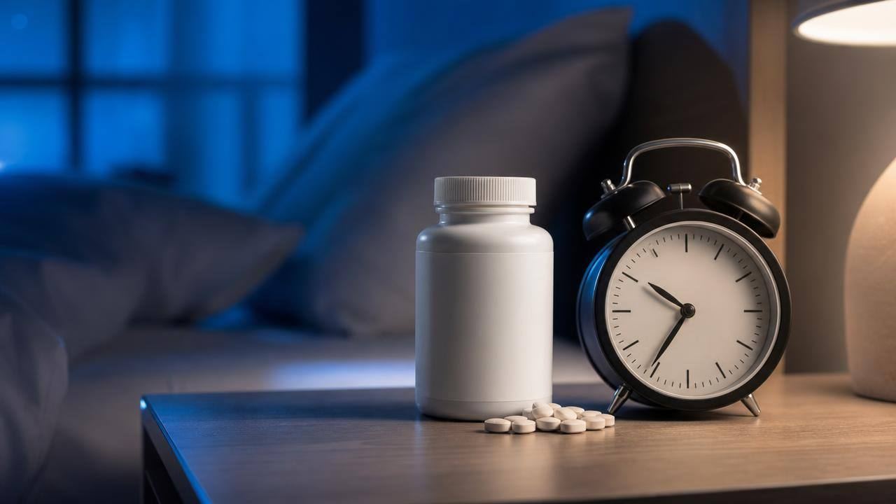 Frasco de suplemento de melatonina ao lado de um despertador em mesa de cabeceira, em ambiente noturno discreto