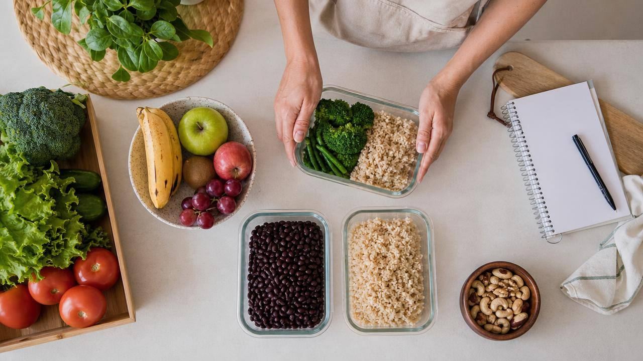 Pessoa organizando alimentos naturais e um planejamento de refeições em uma mesa clara