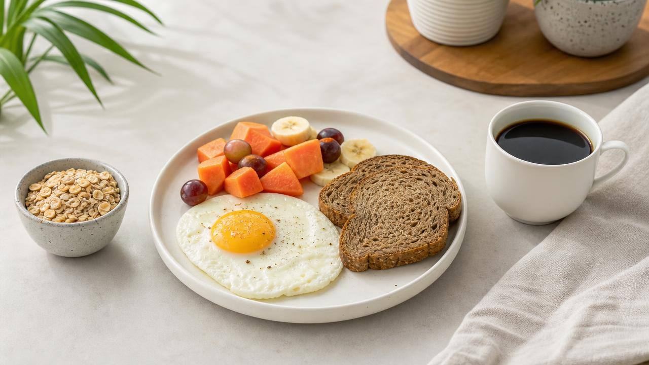 Café da manhã equilibrado com frutas, ovos, pão integral e café em mesa clara