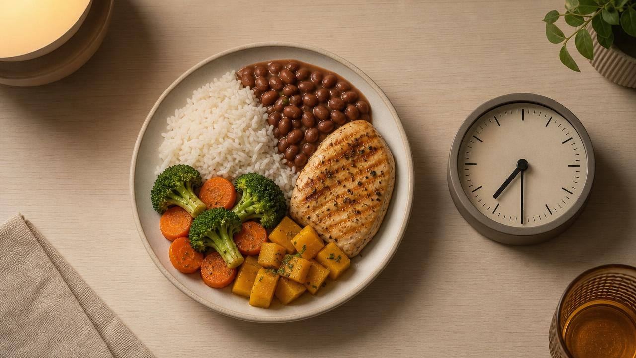 Prato equilibrado para o jantar ao lado de um relógio, em mesa clara e organizada