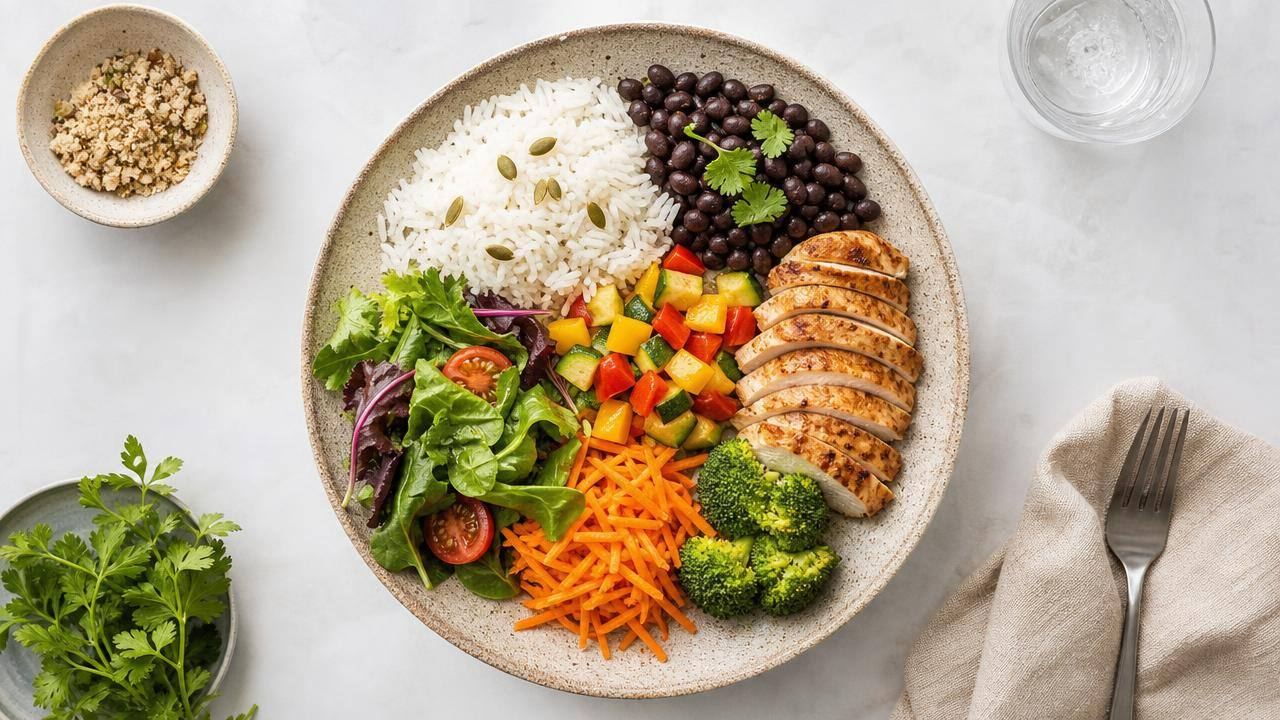 Prato equilibrado com arroz, feijão, vegetais, salada e proteína, representando uma dieta sustentável para perder peso