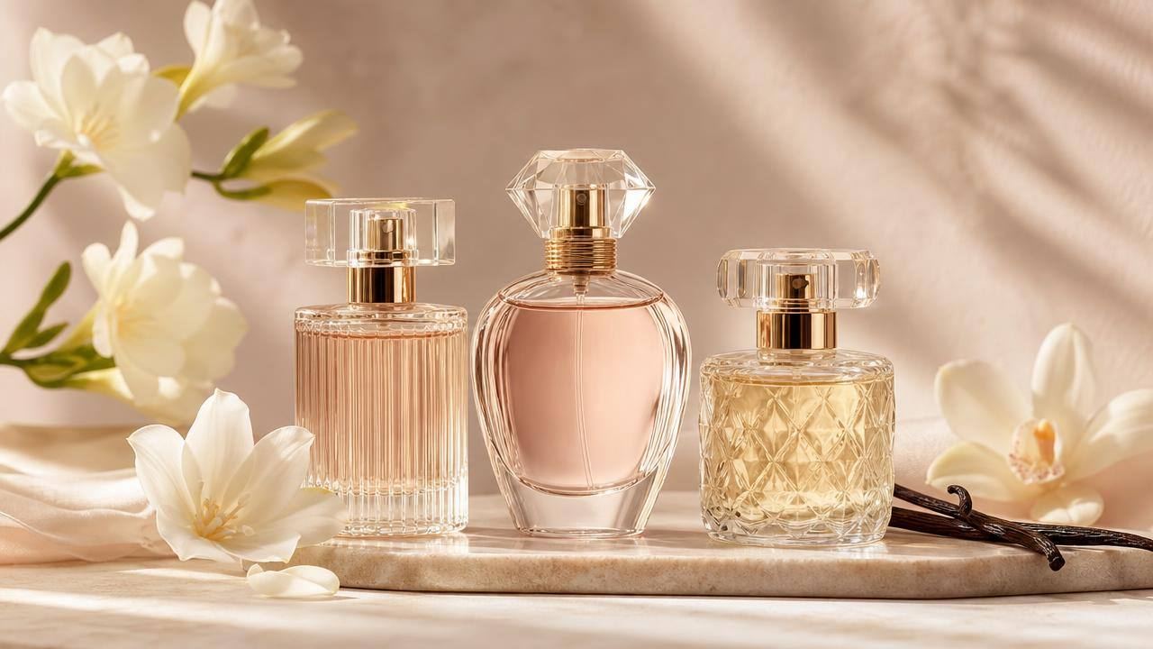 Frascos elegantes de perfume feminino em composição minimalista sobre fundo claro