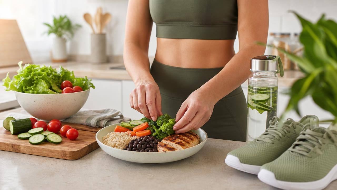 Pessoa adulta preparando uma refeição equilibrada ao lado de tênis e garrafa de água, representando hábitos para reduzir a barriga