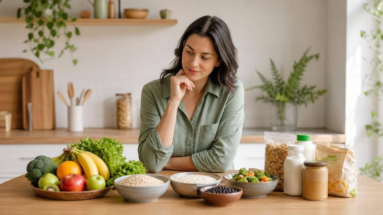 Pessoa comparando alimentos naturais e produtos embalados em uma cozinha clara, representando escolhas conscientes no emagrecimento