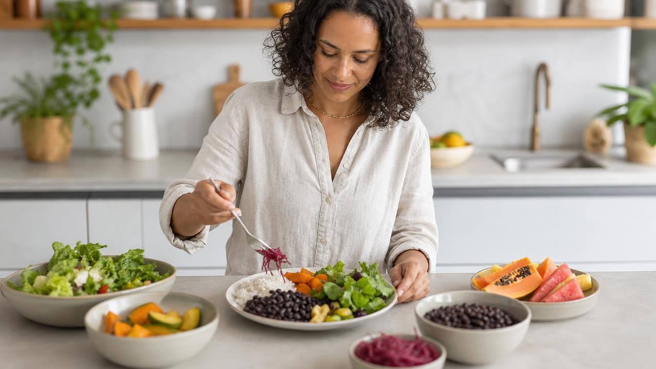 Pessoa montando um prato equilibrado com alimentos frescos em uma cozinha clara e organizada