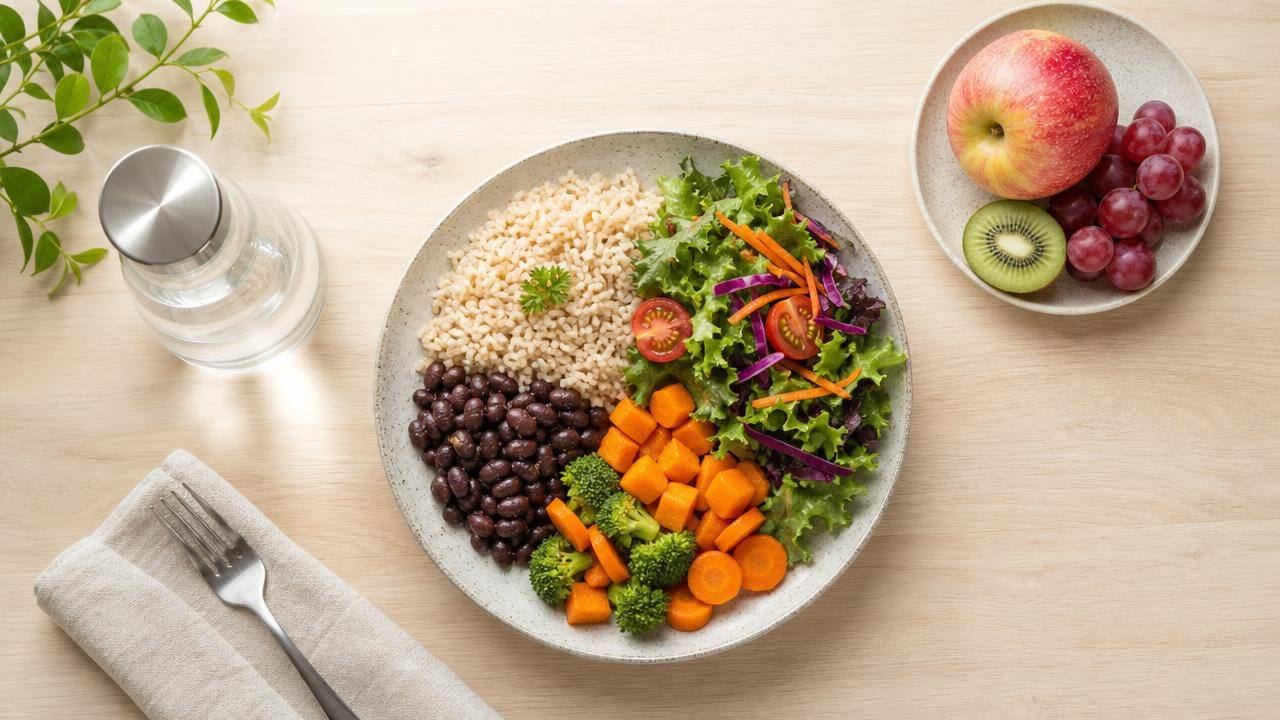 Pessoa organizando alimentos naturais variados para uma alimentação equilibrada após um período de excessos