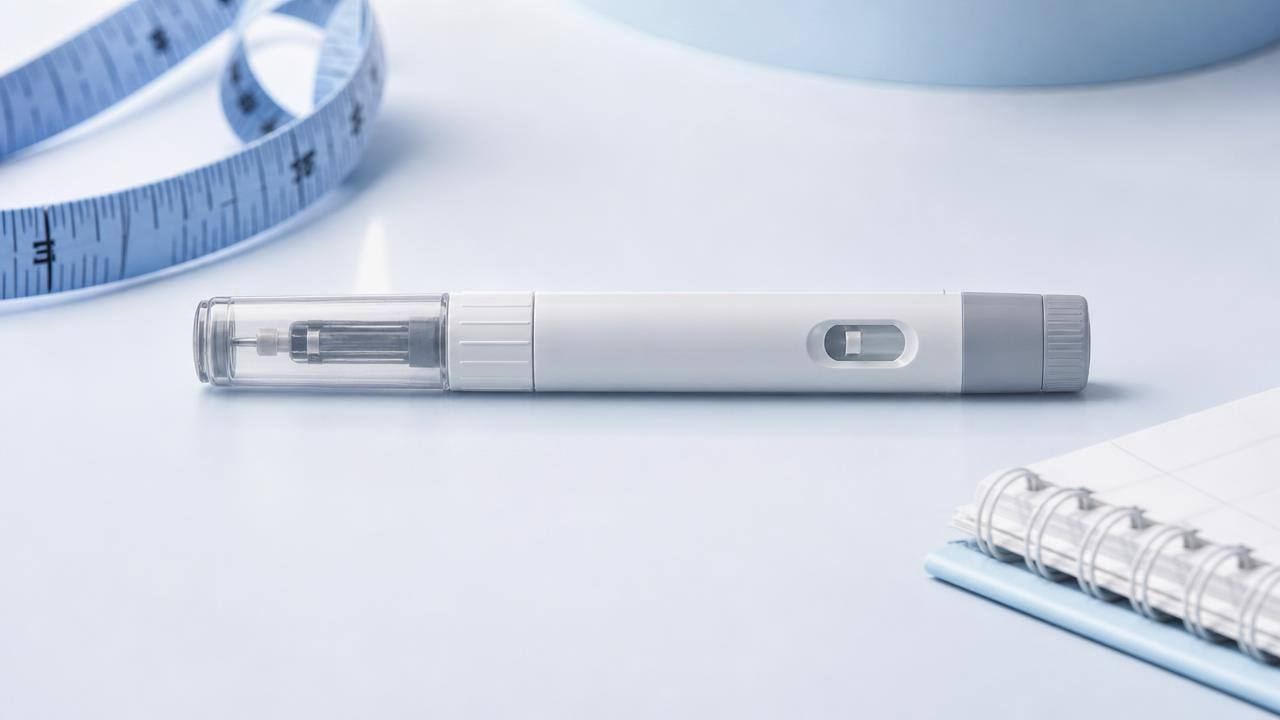 Caneta injetável para tratamento de obesidade e diabetes sobre fundo claro, com fita métrica discreta