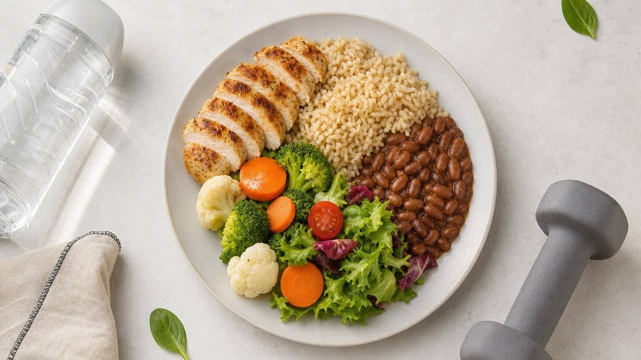 Prato equilibrado com fontes de proteína, legumes e grãos ao lado de halteres, representando nutrição e preservação de massa magra durante tratamento com GLP-1.