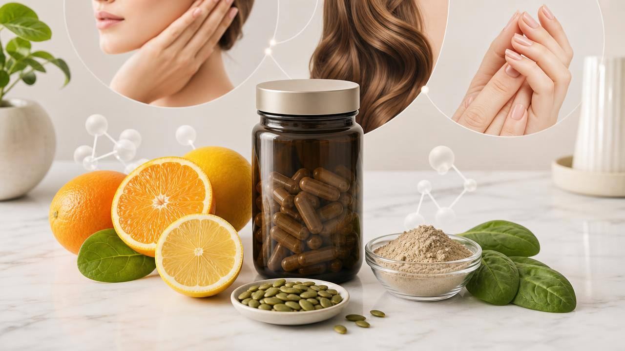 Frasco de suplemento alimentar ao lado de alimentos frescos, com foco em cuidados para pele, cabelos e unhas