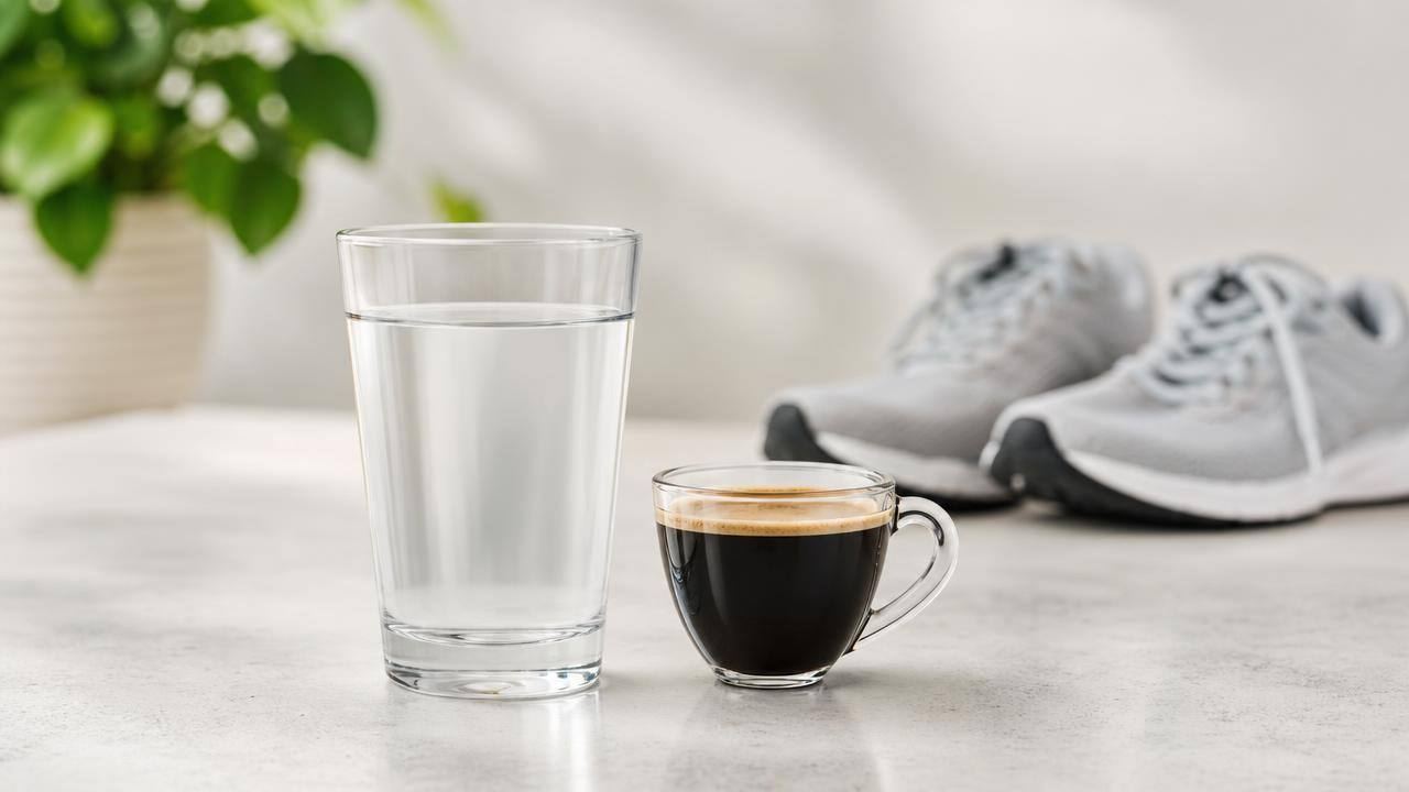 Copo de água, xícara de café sem açúcar e tênis de corrida organizados sobre uma bancada clara antes do treino
