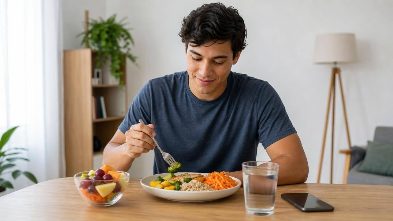 Jovem adulto sentado à mesa com alimentos naturais e celular ao lado, em ambiente claro e acolhedor