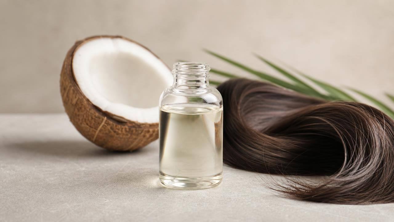 Frasco de óleo de coco ao lado de uma mecha de cabelo castanho brilhante em composição limpa e editorial