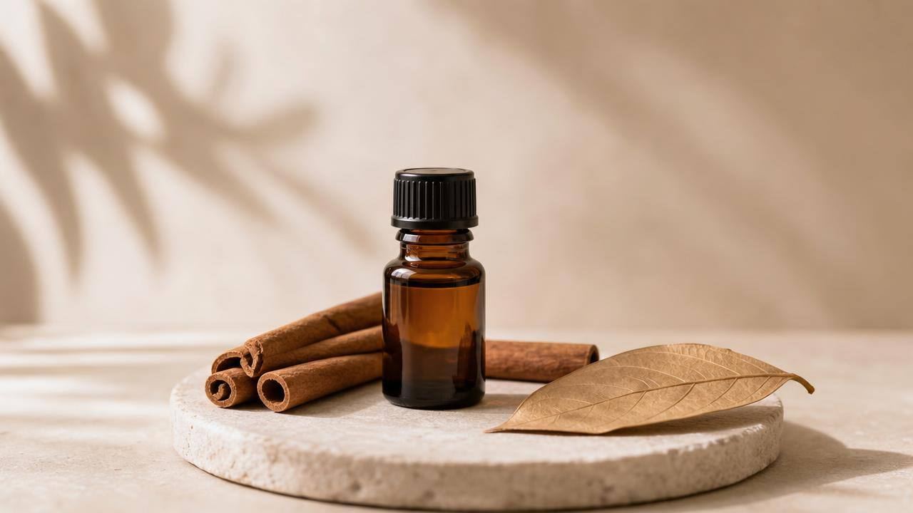 Frasco âmbar de óleo essencial de canela ao lado de paus de canela sobre superfície clara
