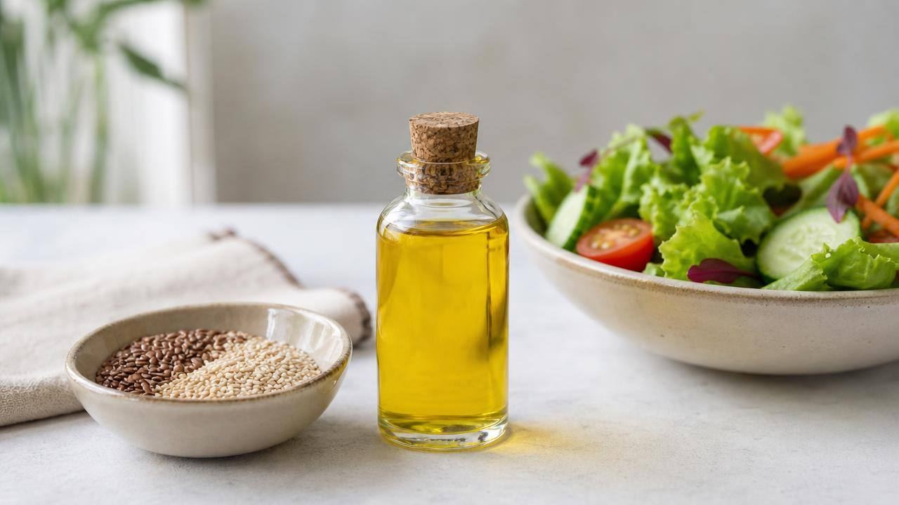 Frasco de óleo vegetal ao lado de salada colorida e ingredientes naturais em mesa clara
