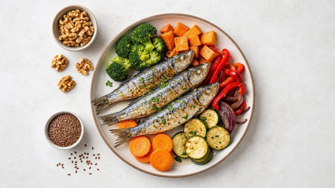 Prato com sardinhas assadas, legumes e nozes representando fontes alimentares de ômega-3