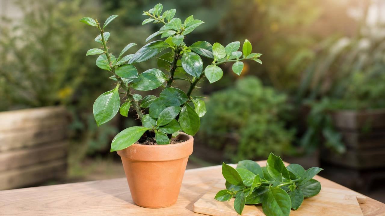 Ramo de ora-pro-nóbis com folhas verdes frescas em vaso de terracota, com aparência editorial limpa