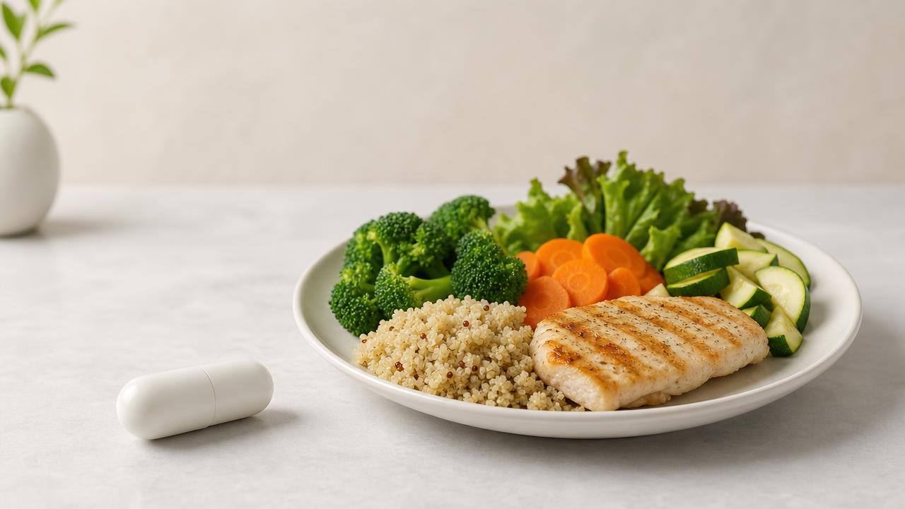 Cápsula e prato com alimentação equilibrada em composição editorial sobre os possíveis efeitos colaterais do orlistat