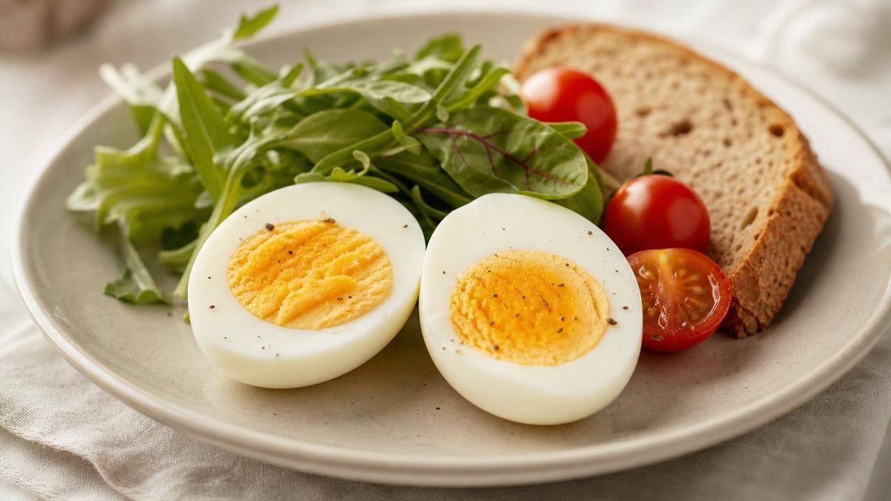 Ovos cozidos cortados ao meio em prato claro, acompanhados de vegetais frescos, em composição editorial limpa