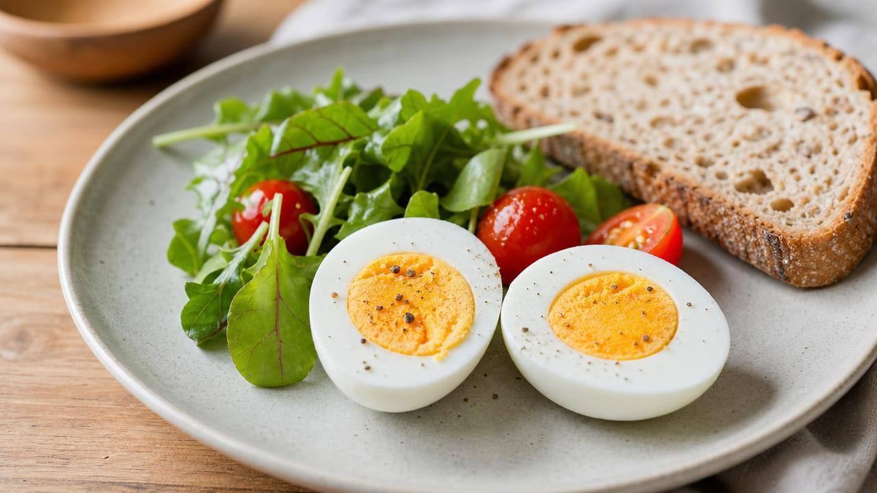 Ovo cozido cortado ao meio em prato claro, acompanhado de legumes frescos, representando alimentação equilibrada e proteína