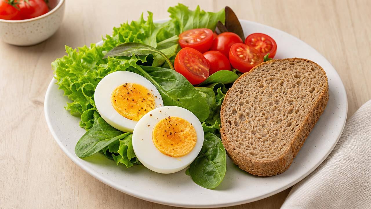 Prato com ovos cozidos, vegetais coloridos e uma fatia de pão integral em mesa clara