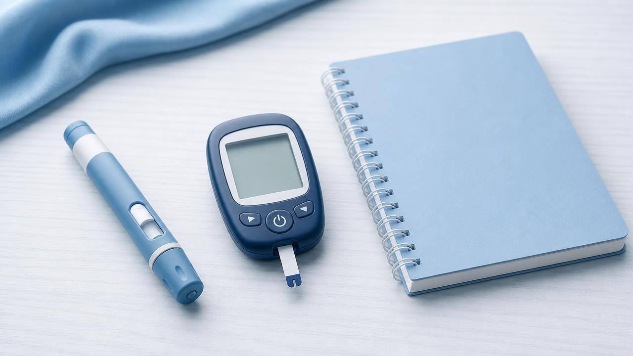 Caneta aplicadora de medicamento e medidor de glicose sobre superfície clara, representando o tratamento do diabetes tipo 2