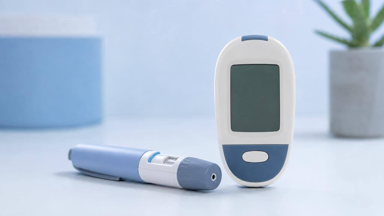 Caneta injetável e monitor de glicemia sobre uma mesa limpa, representando o tratamento do diabetes tipo 2