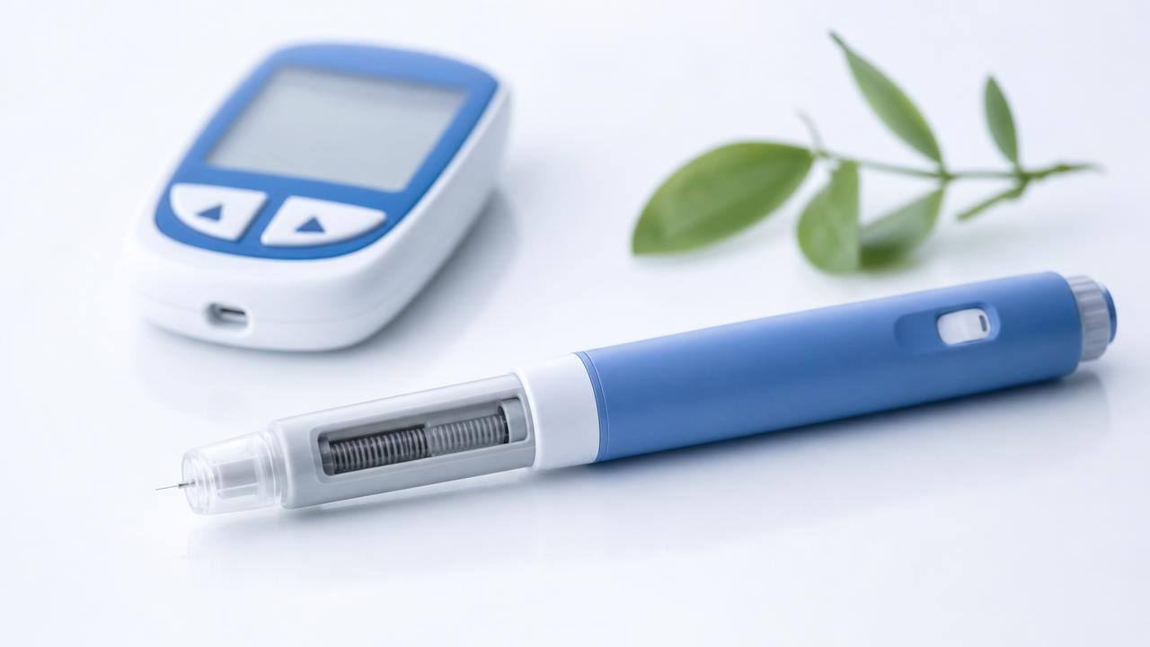 Caneta injetável de semaglutida sobre superfície clara ao lado de um medidor de glicose, representando o tratamento do diabetes tipo 2