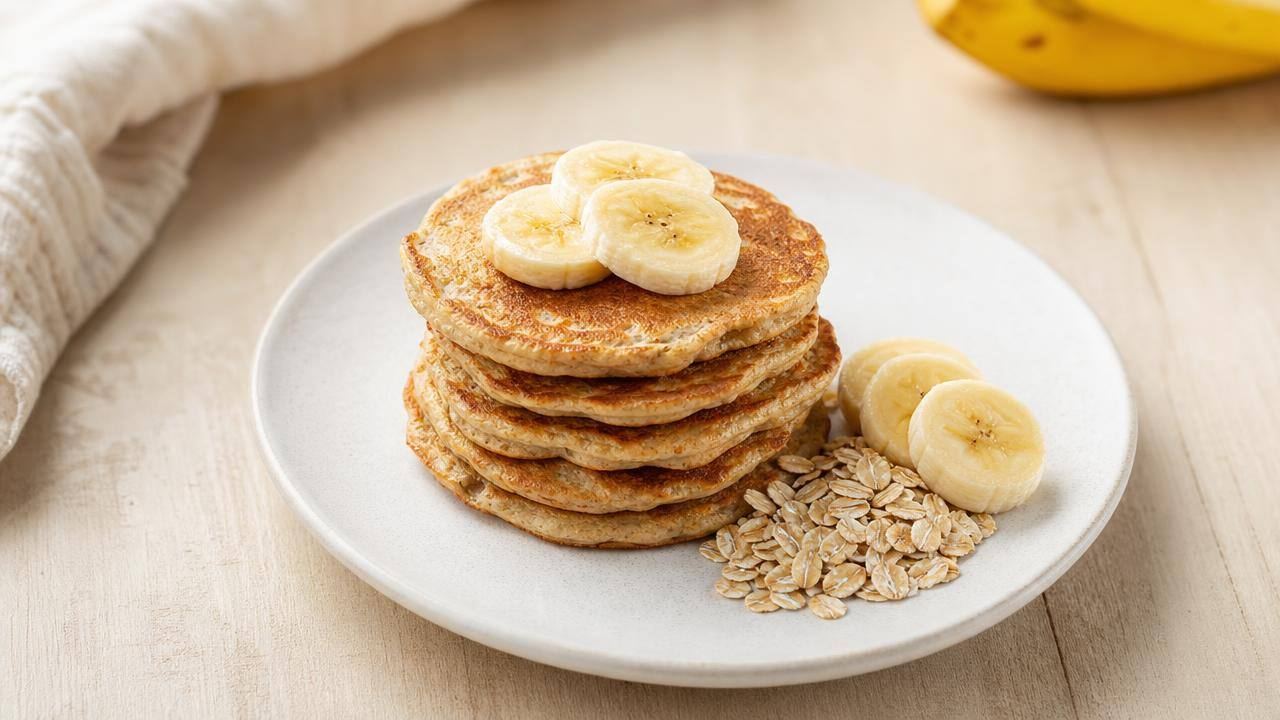 Panquecas de banana com aveia sem açúcar em prato claro, com banana fatiada e aveia ao lado