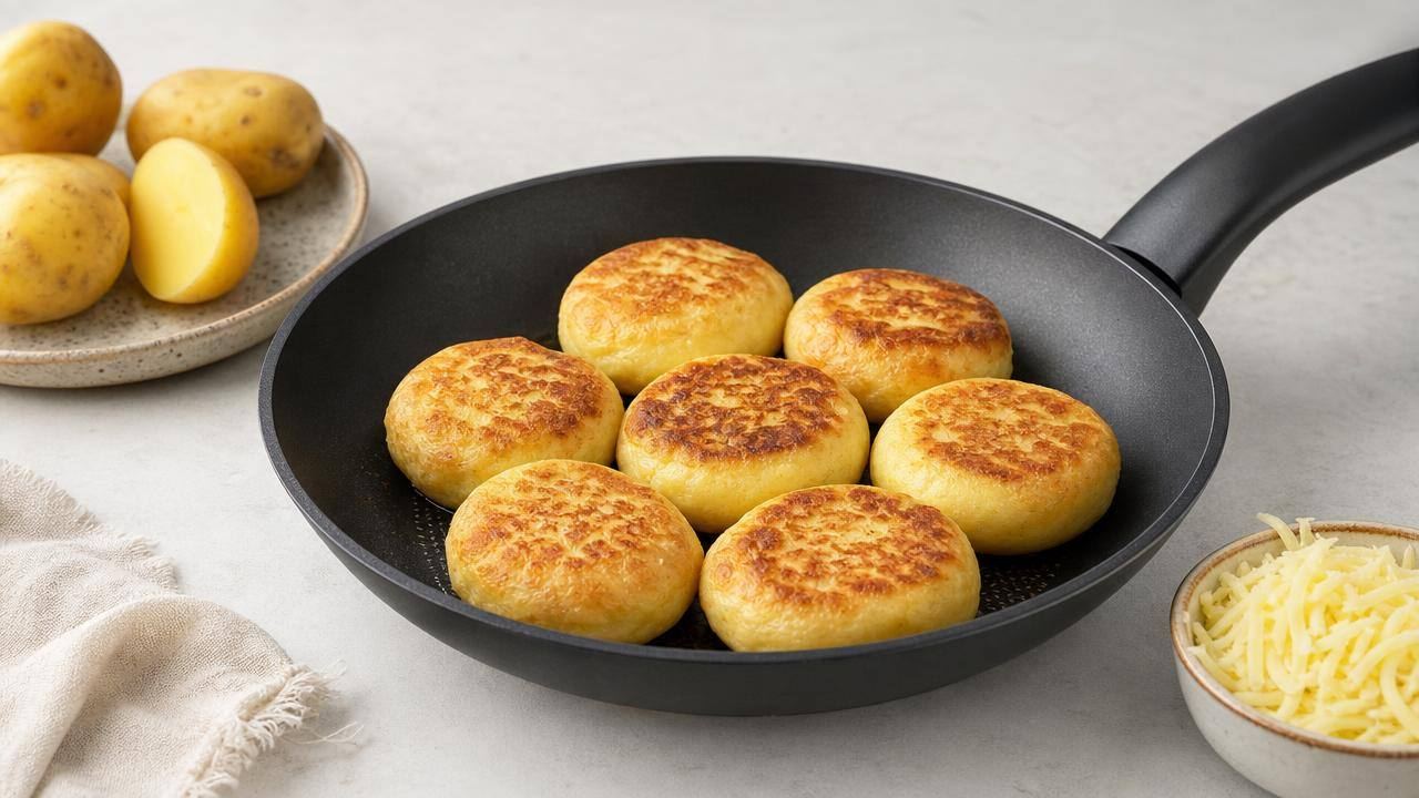 Pães de batata sem farinha de trigo dourados em uma frigideira antiaderente, com batatas cozidas ao lado
