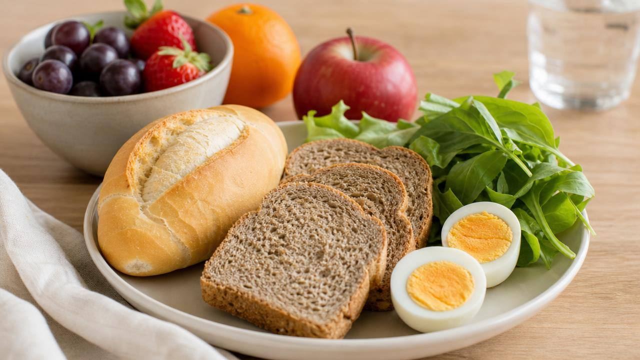 Pão fatiado integral e pão francês em uma mesa clara, acompanhados de frutas e ovos, representando escolhas equilibradas na dieta.