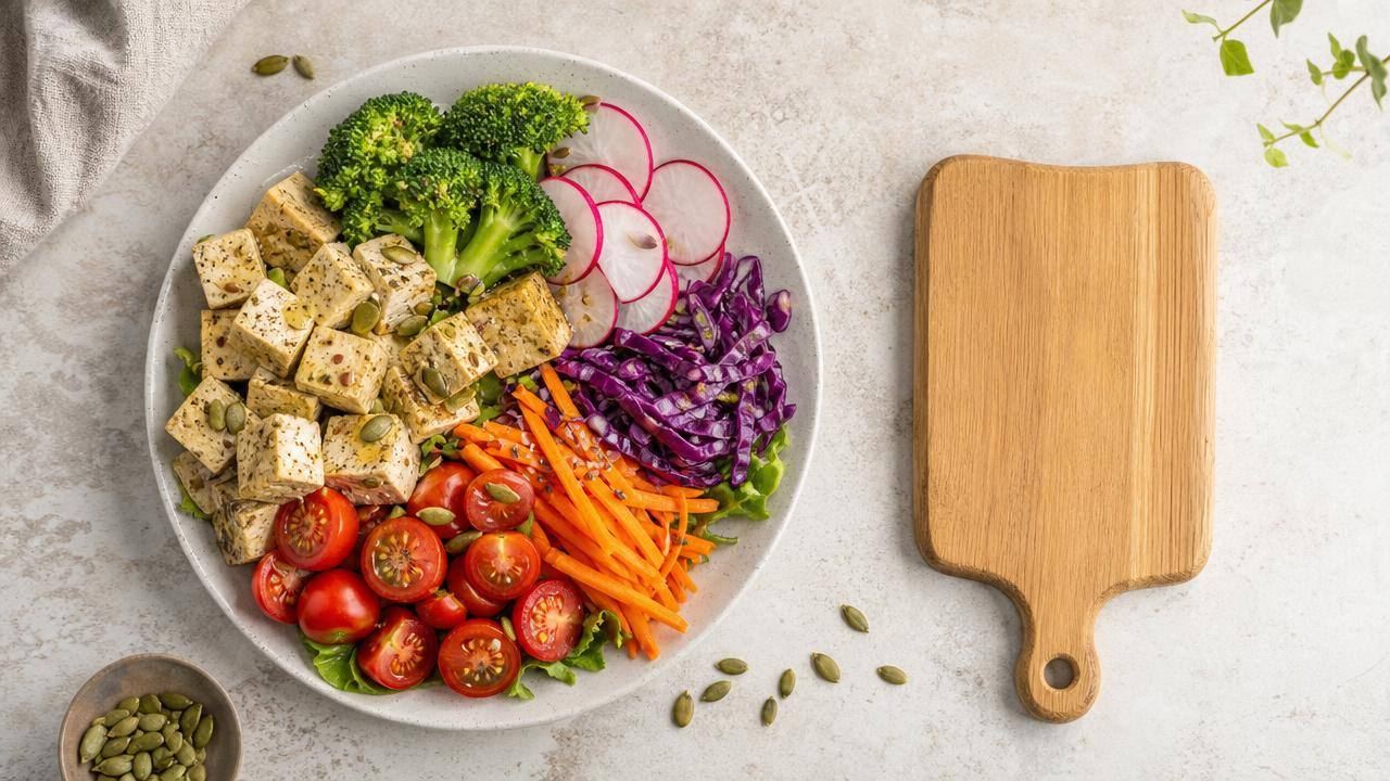 Prato simples com alternativas ao queijo, vegetais, tofu e sementes sobre mesa clara