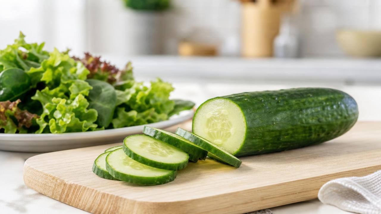 Pepino fresco fatiado em uma tábua, com salada leve ao fundo, em composição limpa e iluminada