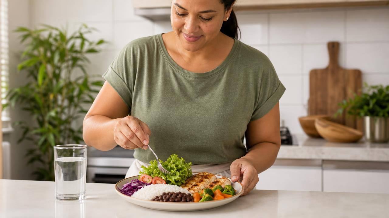 Pessoa montando um prato equilibrado com arroz, feijão, salada e frango em uma cozinha clara