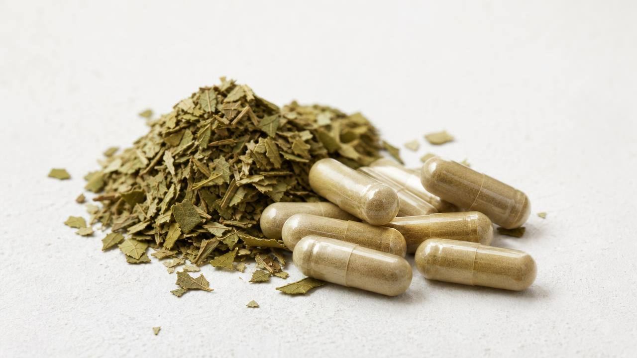 Cápsulas vegetais e folhas de erva-mate em composição limpa sobre fundo claro