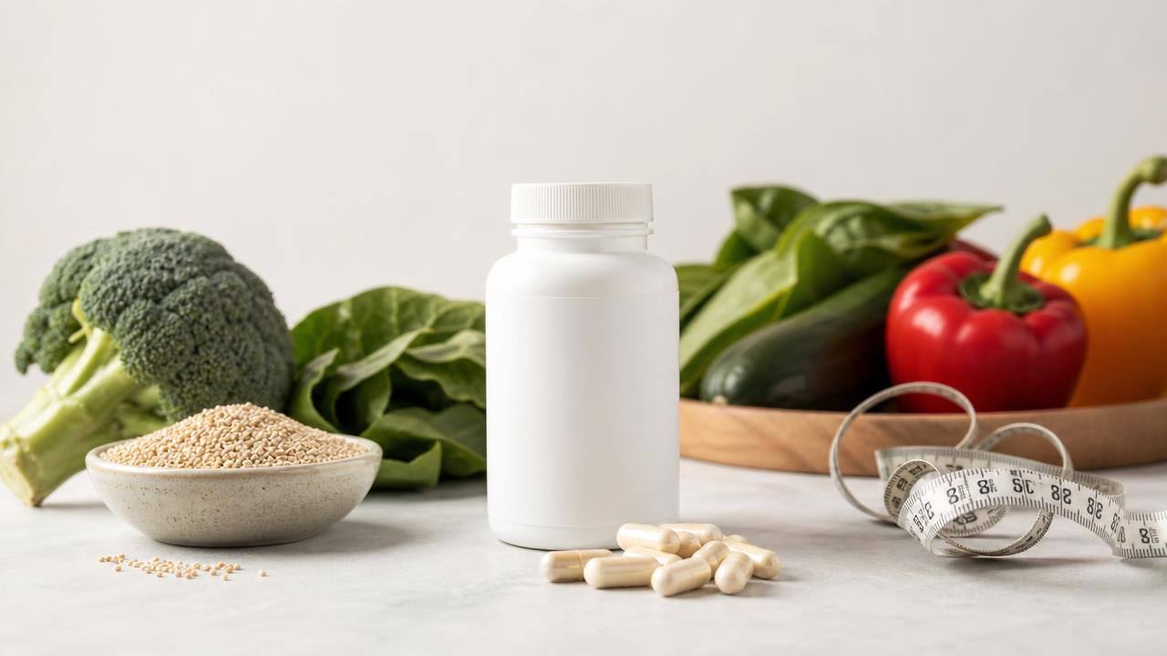 Frasco de suplemento de picolinato de cromo ao lado de alimentos naturais e fita métrica, em composição limpa e editorial.
