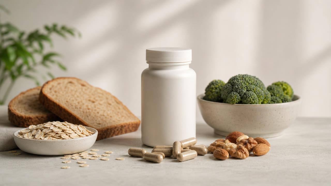 Frasco neutro de suplemento de picolinato de cromo ao lado de alimentos integrais, em composição limpa e editorial