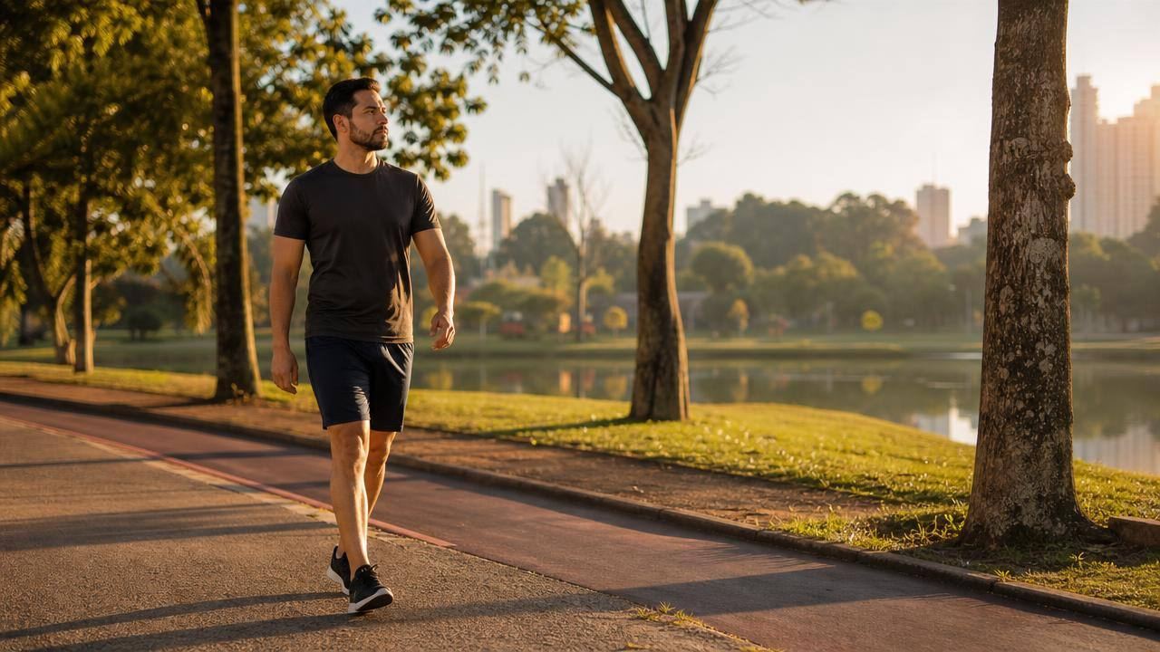Pessoa adulta caminhando em parque urbano ao amanhecer, em cenário realista de atividade física ao ar livre