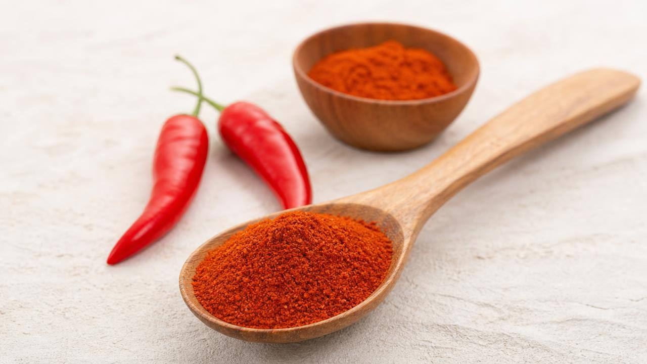 Pimenta-caiena em pó em uma pequena colher de madeira ao lado de pimentas vermelhas frescas, sobre fundo claro