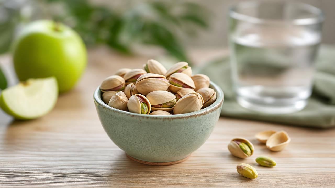 Porção moderada de pistaches sem casca em uma pequena tigela, sobre mesa clara, ao lado de frutas frescas