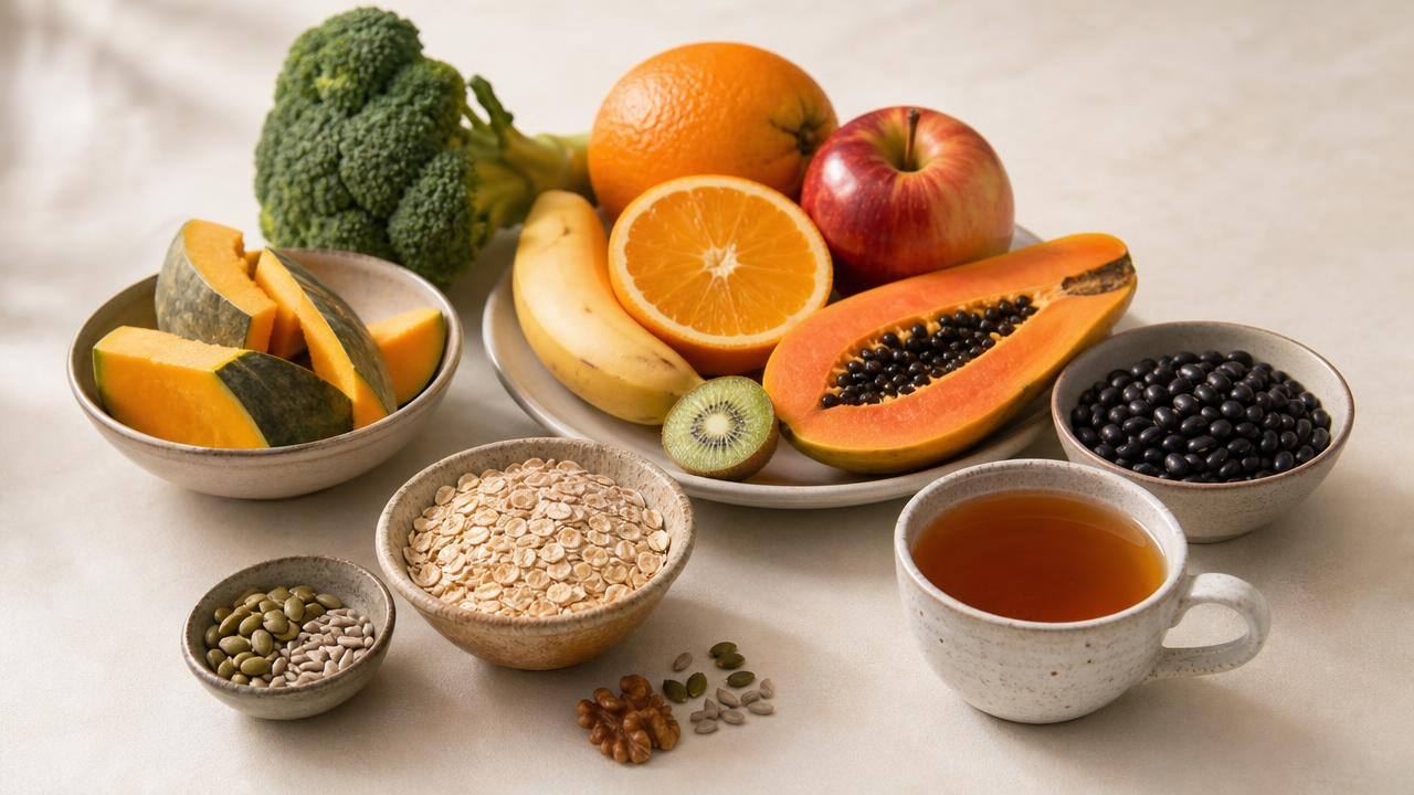 Alimentos naturais para uma alimentação equilibrada, com frutas, legumes, grãos e chá sem açúcar organizados sobre uma mesa clara