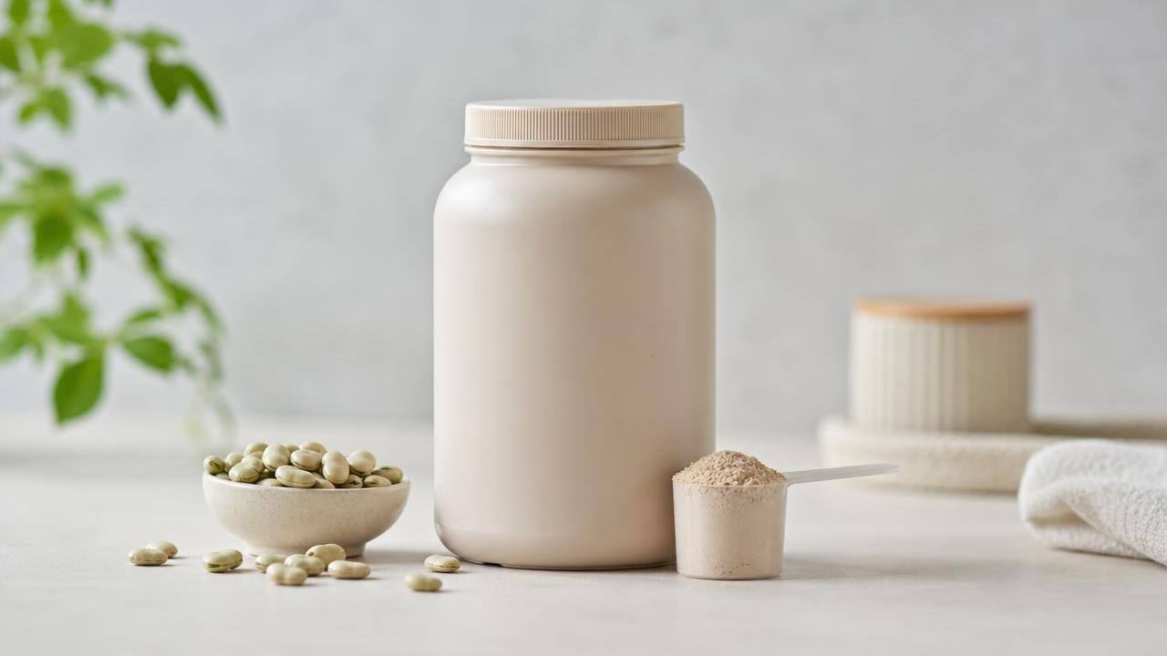 Pote genérico de suplemento proteico vegetal ao lado de grãos de fava em uma bancada clara