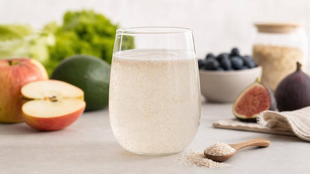 Copo de água com psyllium em pó ao lado de uma colher e alimentos naturais, em composição limpa e editorial